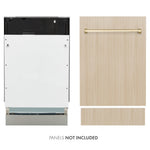 ZLINE Autograph Edition 18" Panel Ready Tallac dishwasher next to Polished Gold handle on custom panel. Text: Panel not included.
