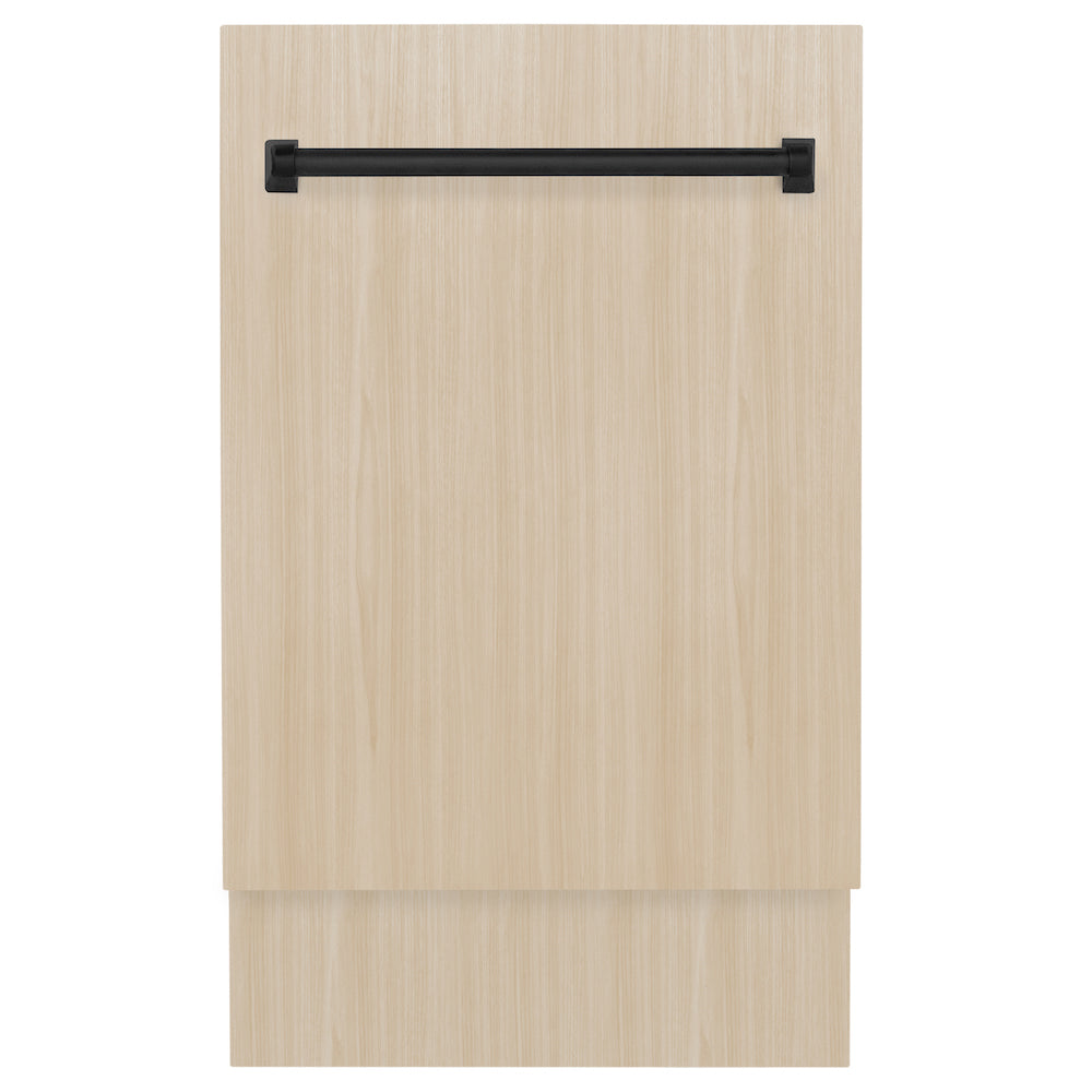 ZLINE Autograph Edition 18" Panel Ready Tallac dishwasher with Matte Black handle on custom panel.