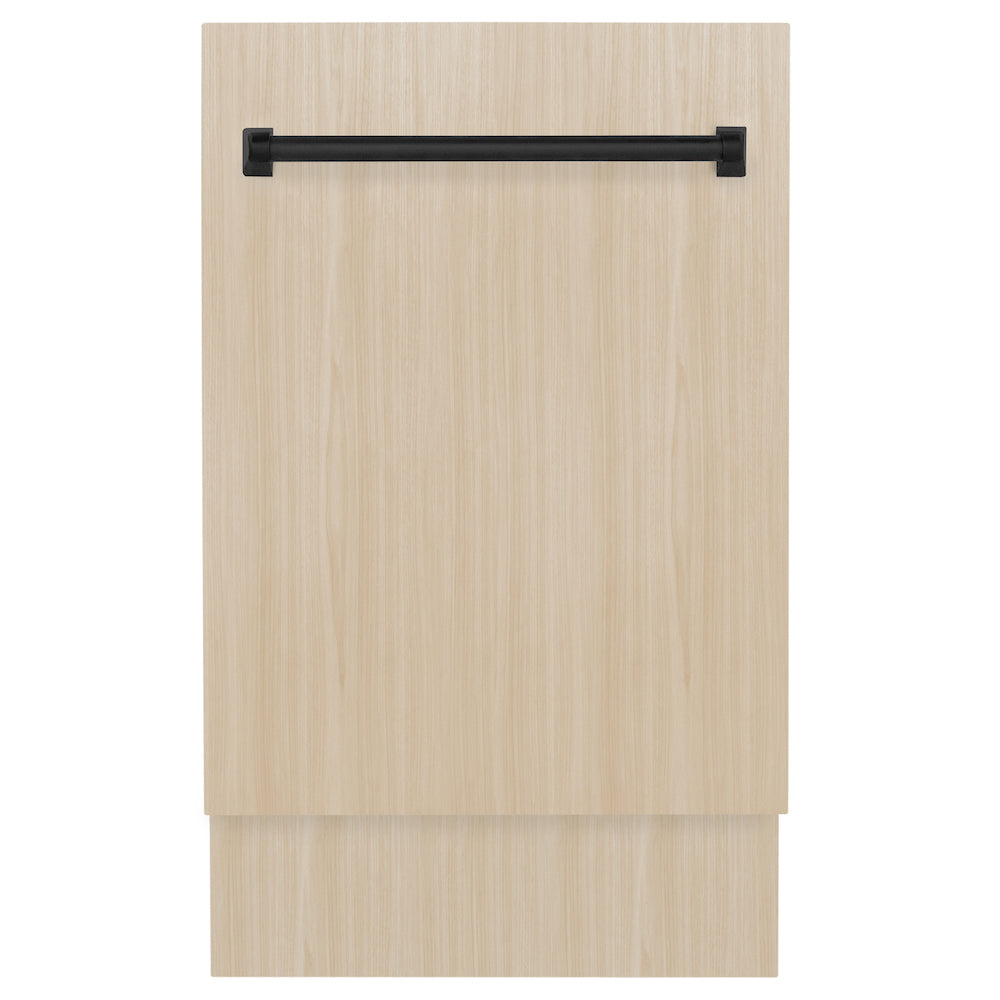 ZLINE Autograph Edition 18 in. Tallac Series 3rd Rack Top Control Dishwasher in Custom Panel Ready with Matte Black Handle, 51dBa (DWVZ-18-MB) front, closed, with custom wood panels.