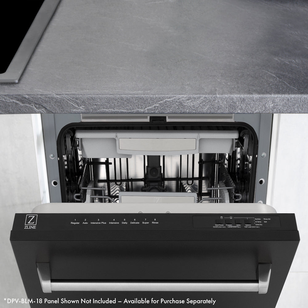 ZLINE Autograph Edition 18 in. Tallac Series 3rd Rack Top Control Dishwasher in Custom Panel Ready with Matte Black Handle, 51dBa (DWVZ-18-MB) built-in to cabinets in a luxury kitchen.