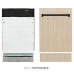 ZLINE Autograph Edition 18" Panel Ready Tallac dishwasher next to Matte Black handle on custom panel. Text: Panel not included.
