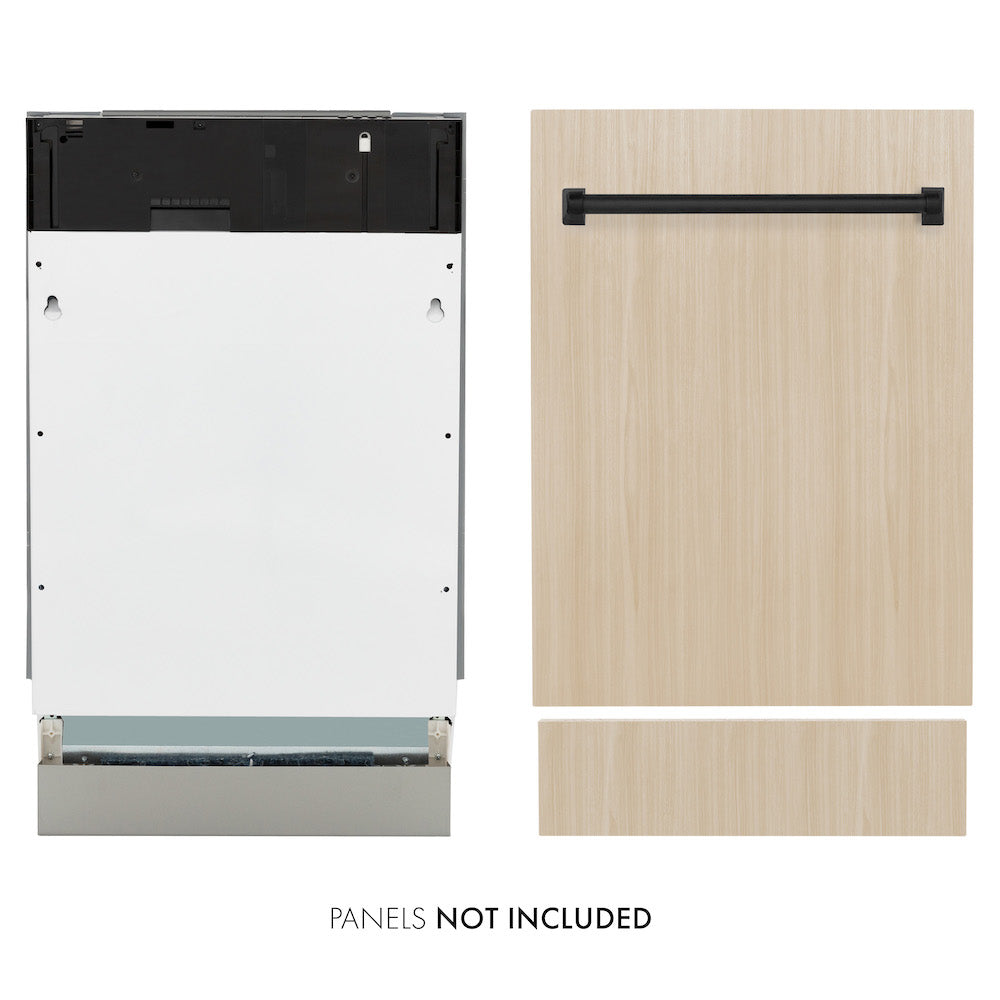 ZLINE Autograph Edition 18" Panel Ready Tallac dishwasher next to Matte Black handle on custom panel. Text: Panel not included.