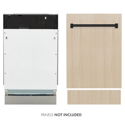 ZLINE Autograph Edition 18" Panel Ready Tallac dishwasher next to Matte Black handle on custom panel. Text: Panel not included.