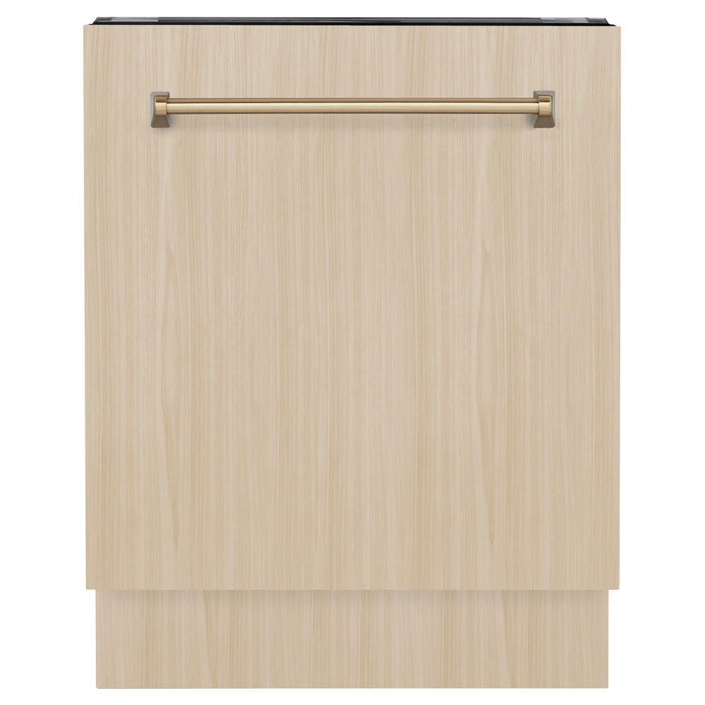 ZLINE Autograph Edition 24" Panel Ready Tallac dishwasher with Champagne Bronze handle on custom panel.