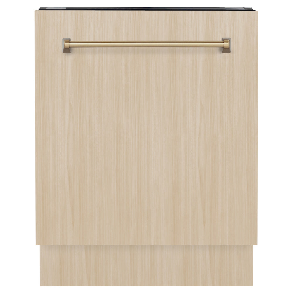 ZLINE Autograph Edition 24 in. Tallac Series 3rd Rack Top Control Built-In Tall Tub Dishwasher in Custom Panel Ready with Champagne Bronze Handle, 51dBa (DWVZ-24-CB) front, closed, with custom wood panels.