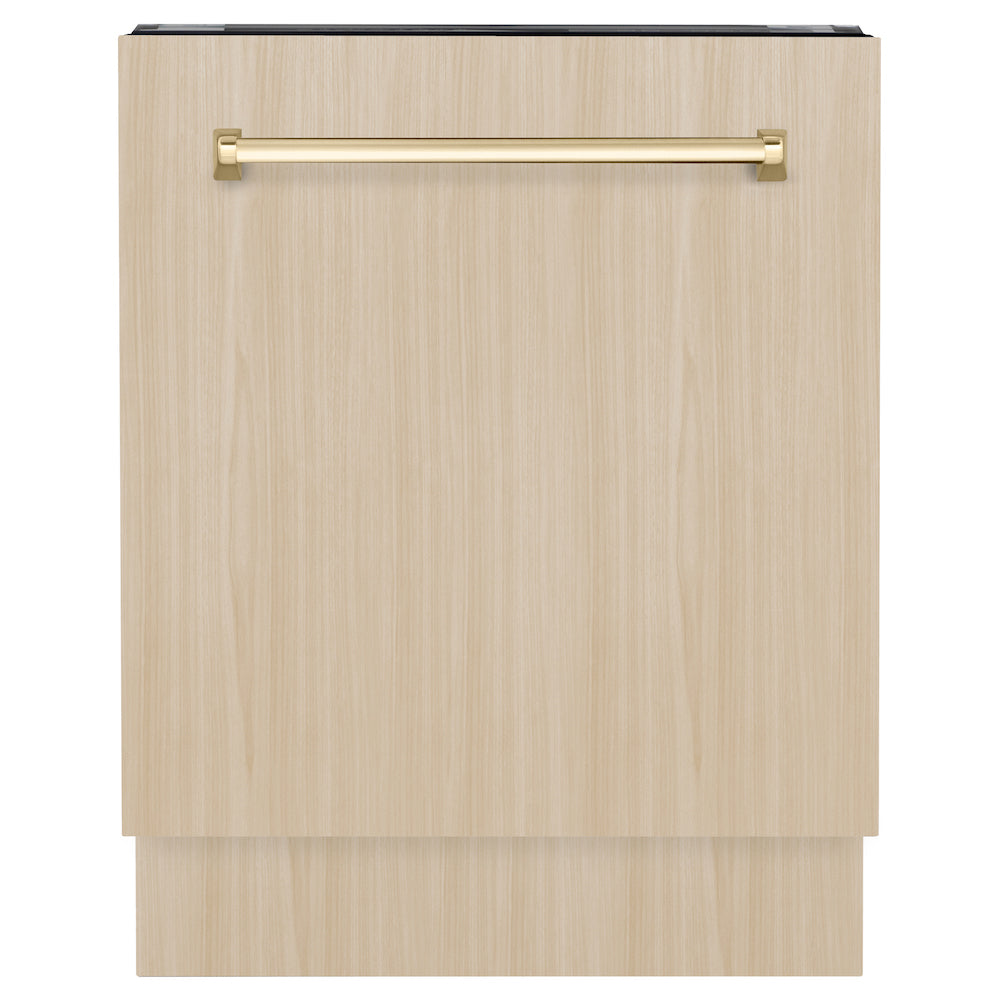 ZLINE Autograph Edition 24" Panel Ready Tallac dishwasher with Polished Gold handle on custom panel.