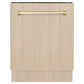 ZLINE Autograph Edition 24 in. Tallac Series 3rd Rack Top Control Built-In Tall Tub Dishwasher in Custom Panel Ready with Polished Gold Handle, 51dBa (DWVZ-24-G) front, closed, with custom wood panels.