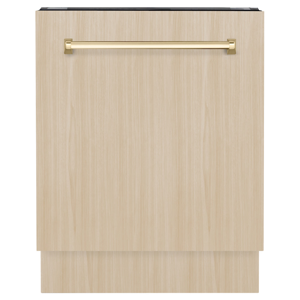 ZLINE Autograph Edition 24 in. Tallac Series 3rd Rack Top Control Built-In Tall Tub Dishwasher in Custom Panel Ready with Polished Gold Handle, 51dBa (DWVZ-24-G) front, closed, with custom wood panels.