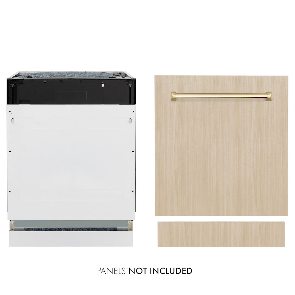 ZLINE Autograph Edition 24" Panel Ready Tallac dishwasher next to Polished Gold handle on custom panel. Text: Panel not included.