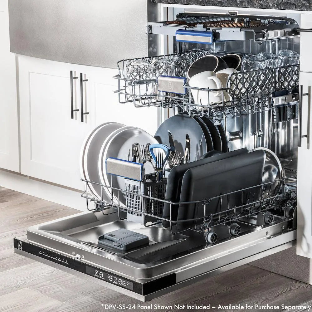 ZLINE Autograph Edition 24 in. Tallac Series 3rd Rack Top Control Built-In Tall Tub Dishwasher in Custom Panel Ready with Polished Gold Handle, 51dBa (DWVZ-24-G) open with dishes loaded inside in a luxury kitchen, side.