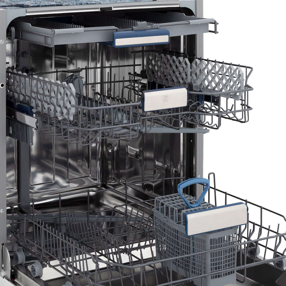 ZLINE Autograph Edition 24 in. Tallac Series 3rd Rack Top Control Built-In Tall Tub Dishwasher in Custom Panel Ready with Matte Black Handle, 51dBa (DWVZ-24-MB) close-up, dishwasher open with dish racks extended from side.