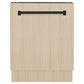 ZLINE Autograph Edition 24 in. Tallac Series 3rd Rack Top Control Built-In Tall Tub Dishwasher in Custom Panel Ready with Matte Black Handle, 51dBa (DWVZ-24-MB) front, closed, with custom wood panels.