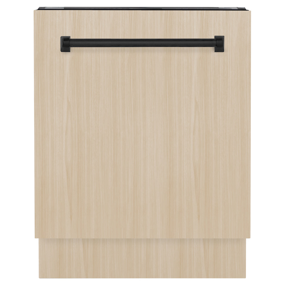 ZLINE Autograph Edition 24 in. Tallac Series 3rd Rack Top Control Built-In Tall Tub Dishwasher in Custom Panel Ready with Matte Black Handle, 51dBa (DWVZ-24-MB) front, closed, with custom wood panels.