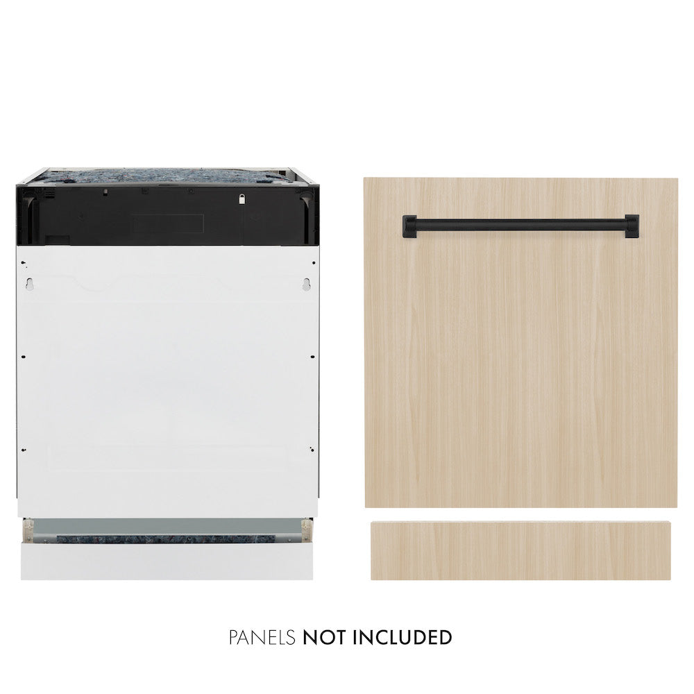 ZLINE Autograph Edition 24" Panel Ready Tallac dishwasher next to Matte Black handle on custom panel. Text: Panel not included.