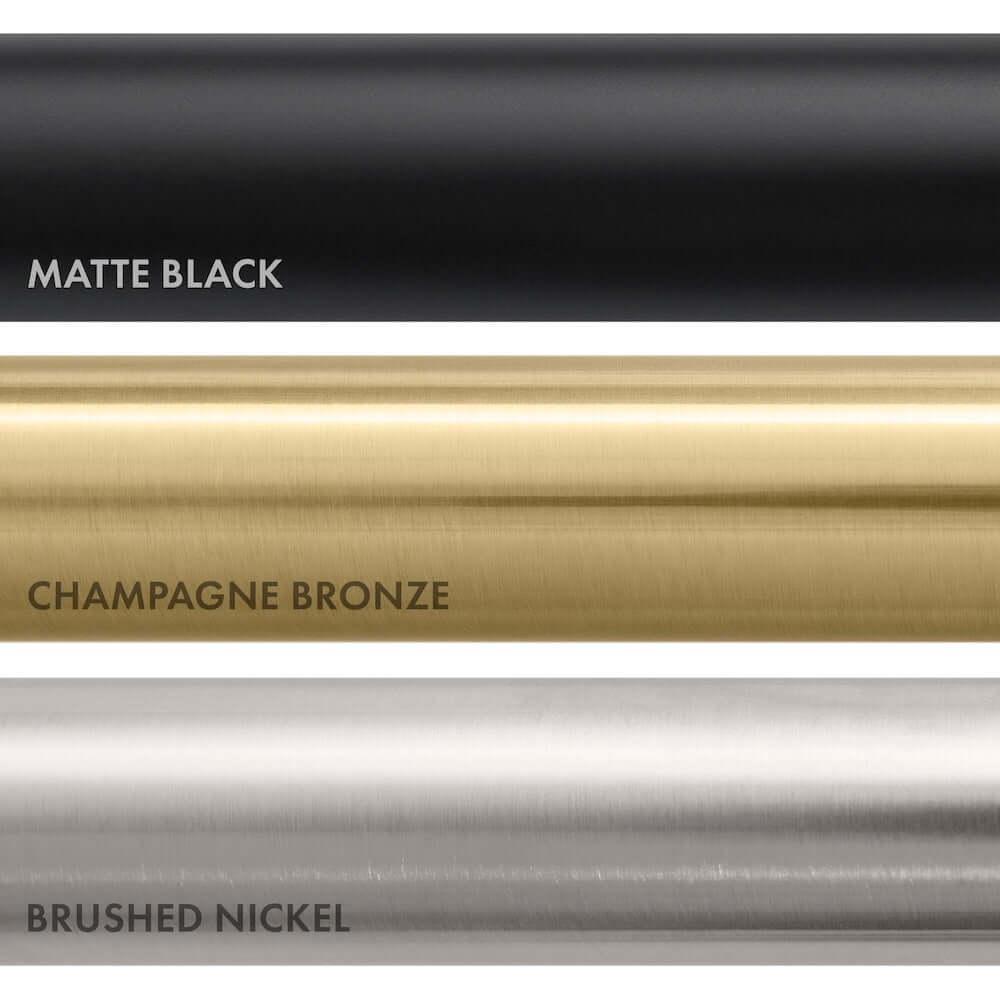 ZLINE Autograph Edition Plumbing Finish Comparison. Top: Matte Black. Center: Champagne Bronze. Bottom: Brushed Nickel.