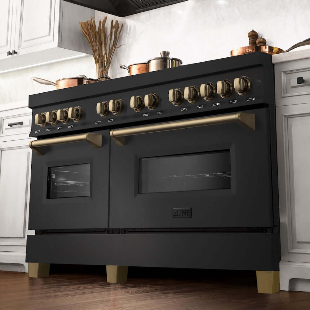 ZLINE Autograph Edition 60 in. 7.4 cu. ft. Legacy Dual Fuel Range with 9 Burner Gas Cooktop and 2 Electric Convection Ovens in Black Stainless Steel and Champagne Bronze Accents, Open Box-Good Condition