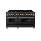 ZLINE Autograph Edition 60 in. 7.4 cu. ft. Legacy Dual Fuel Range with 9 Burner Gas Cooktop and 2 Electric Convection Ovens in Black Stainless Steel and Champagne Bronze Accents (RABZ-60-CB) front, oven closed.