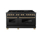 ZLINE Autograph Edition 60 in. 7.4 cu. ft. Legacy Dual Fuel Range with 9 Burner Gas Cooktop and 2 Electric Convection Ovens in Black Stainless Steel and Champagne Bronze Accents, Open Box-Great Condition