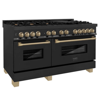 ZLINE Autograph Edition 60 in. 7.4 cu. ft. Legacy Dual Fuel Range with 9 Burner Gas Cooktop and 2 Electric Convection Ovens in Black Stainless Steel and Champagne Bronze Accents, Open Box-Good Condition