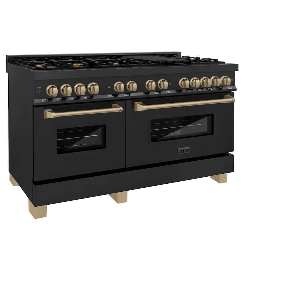 ZLINE Autograph Edition 60 in. 7.4 cu. ft. Legacy Dual Fuel Range with 9 Burner Gas Cooktop and 2 Electric Convection Ovens in Black Stainless Steel and Champagne Bronze Accents, Open Box-Good Condition