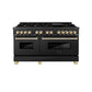 ZLINE Autograph Edition 60 in. 7.4 cu. ft. Legacy Dual Fuel Range with 9 Burner Gas Cooktop and 2 Electric Convection Ovens in Black Stainless Steel and Polished Gold Accents (RABZ-60-G) front, oven closed.