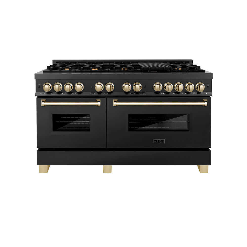 ZLINE Autograph Edition 60 in. 7.4 cu. ft. Legacy Dual Fuel Range with 9 Burner Gas Cooktop and 2 Electric Convection Ovens in Black Stainless Steel and Polished Gold Accents (RABZ-60-G) front, oven closed.
