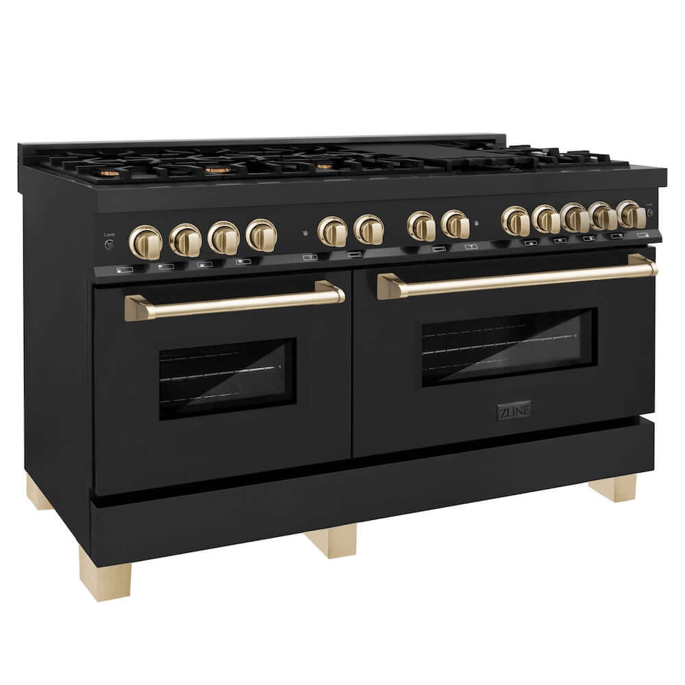 ZLINE Autograph Edition 60 in. 7.4 cu. ft. Legacy Dual Fuel Range with 9 Burner Gas Cooktop and 2 Electric Convection Ovens in Black Stainless Steel and Polished Gold Accents, Open Box-Good Condition