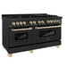 ZLINE Autograph Edition 60 in. 7.4 cu. ft. Legacy Dual Fuel Range with 9 Burner Gas Cooktop and 2 Electric Convection Ovens in Black Stainless Steel and Polished Gold Accents (RABZ-60-G) side, oven closed.