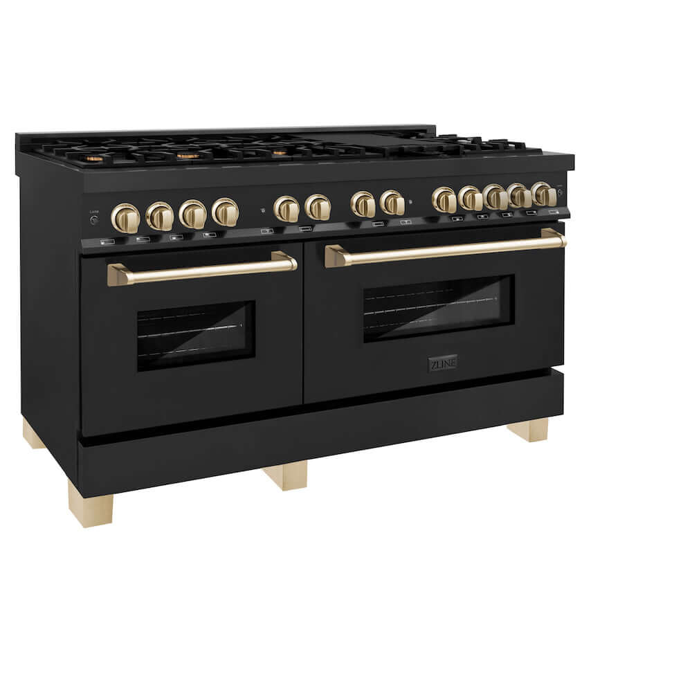 ZLINE Autograph Edition 60 in. 7.4 cu. ft. Legacy Dual Fuel Range with 9 Burner Gas Cooktop and 2 Electric Convection Ovens in Black Stainless Steel and Polished Gold Accents (RABZ-60-G) side, oven closed.