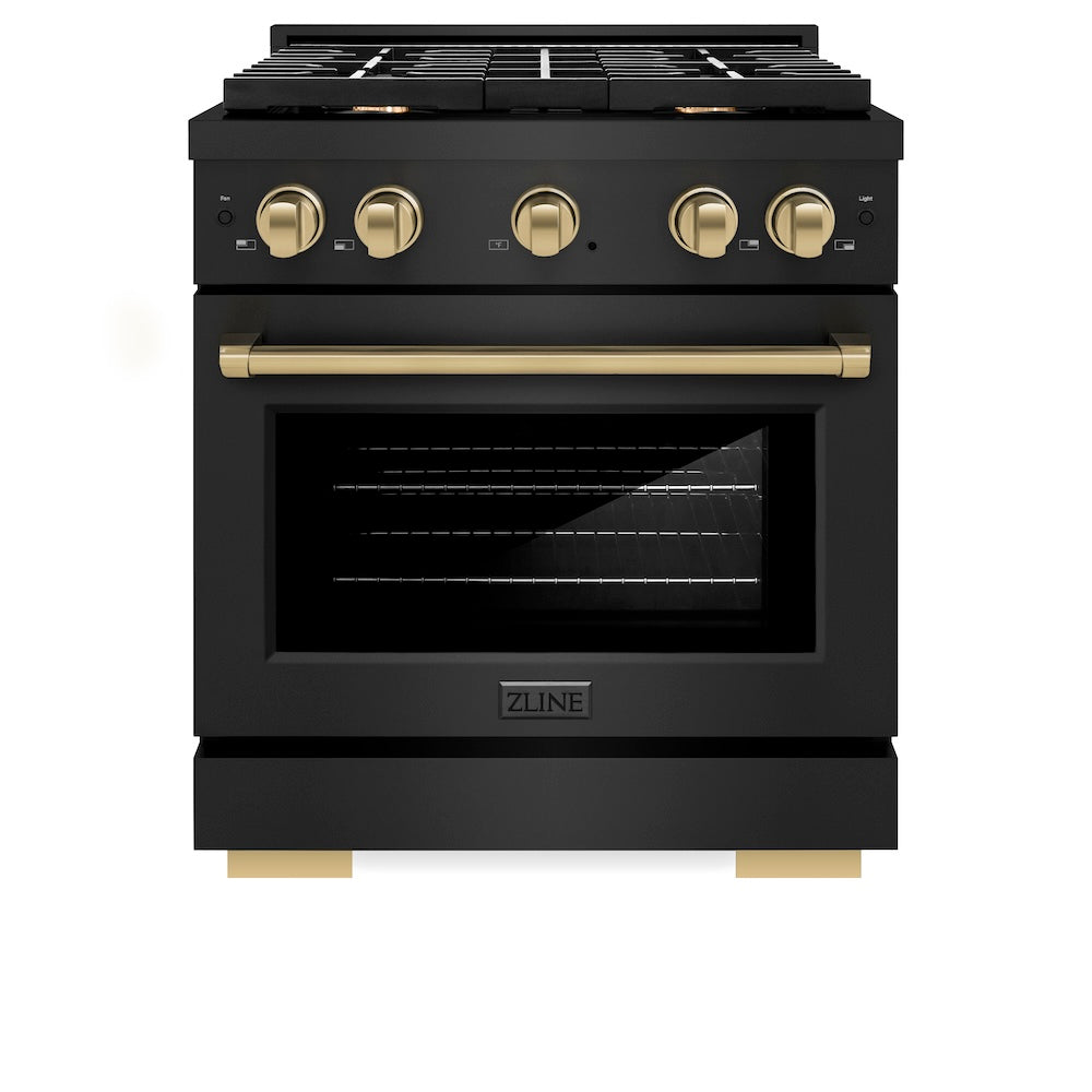 ZLINE Autograph Edition 30 in. 4.2 cu. ft. Paramount Dual Fuel Range with 4 Burner Gas Cooktop and Electric Convection Oven in Black Stainless Steel with Champagne Bronze Accents (SDRBZ-30-CB) front, oven closed.