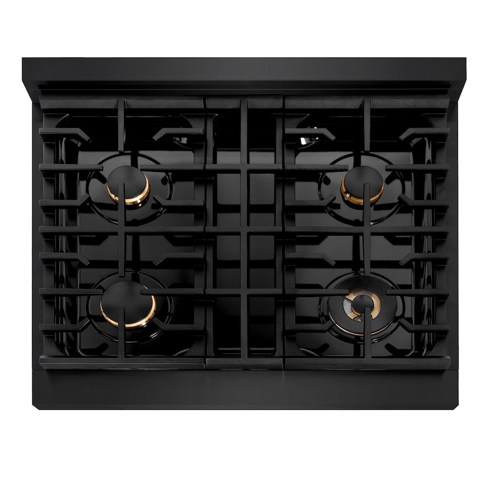 ZLINE Autograph Edition 30 in. 4.2 cu. ft. Paramount Dual Fuel Range with 4 Burner Gas Cooktop and Electric Convection Oven in Black Stainless Steel with Champagne Bronze Accents (SDRBZ-30-CB) top-down, above cooktop.