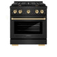 ZLINE Autograph Edition 30 in. 4.2 cu. ft. Paramount Dual Fuel Range with 4 Burner Gas Cooktop and Electric Convection Oven in Black Stainless Steel with Polished Gold Accents (SDRBZ-30-G) front, oven closed.