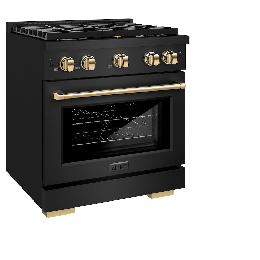 ZLINE Autograph Edition 30 in. 4.2 cu. ft. Paramount Dual Fuel Range with 4 Burner Gas Cooktop and Electric Convection Oven in Black Stainless Steel with Polished Gold Accents (SDRBZ-30-G) side, oven closed.