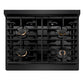 ZLINE Autograph Edition 30 in. 4.2 cu. ft. Paramount Dual Fuel Range with 4 Burner Gas Cooktop and Electric Convection Oven in Black Stainless Steel with Polished Gold Accents (SDRBZ-30-G) top-down, above cooktop.