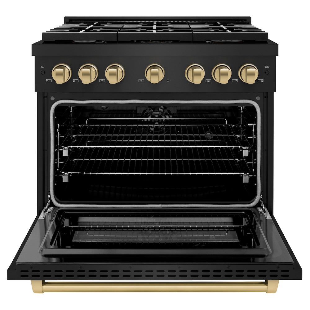 ZLINE Autograph Edition 36 in. 5.2 cu. ft. Paramount Dual Fuel Range with 6 Burner Gas Cooktop and Electric Convection Oven in Black Stainless Steel with Champagne Bronze Accents (SDRBZ-36-CB) front, oven open.