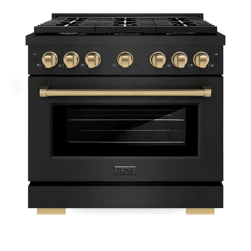 ZLINE Autograph Edition 36 in. 5.2 cu. ft. Paramount Dual Fuel Range with 6 Burner Gas Cooktop and Electric Convection Oven in Black Stainless Steel with Champagne Bronze Accents (SDRBZ-36-CB) front, oven closed.