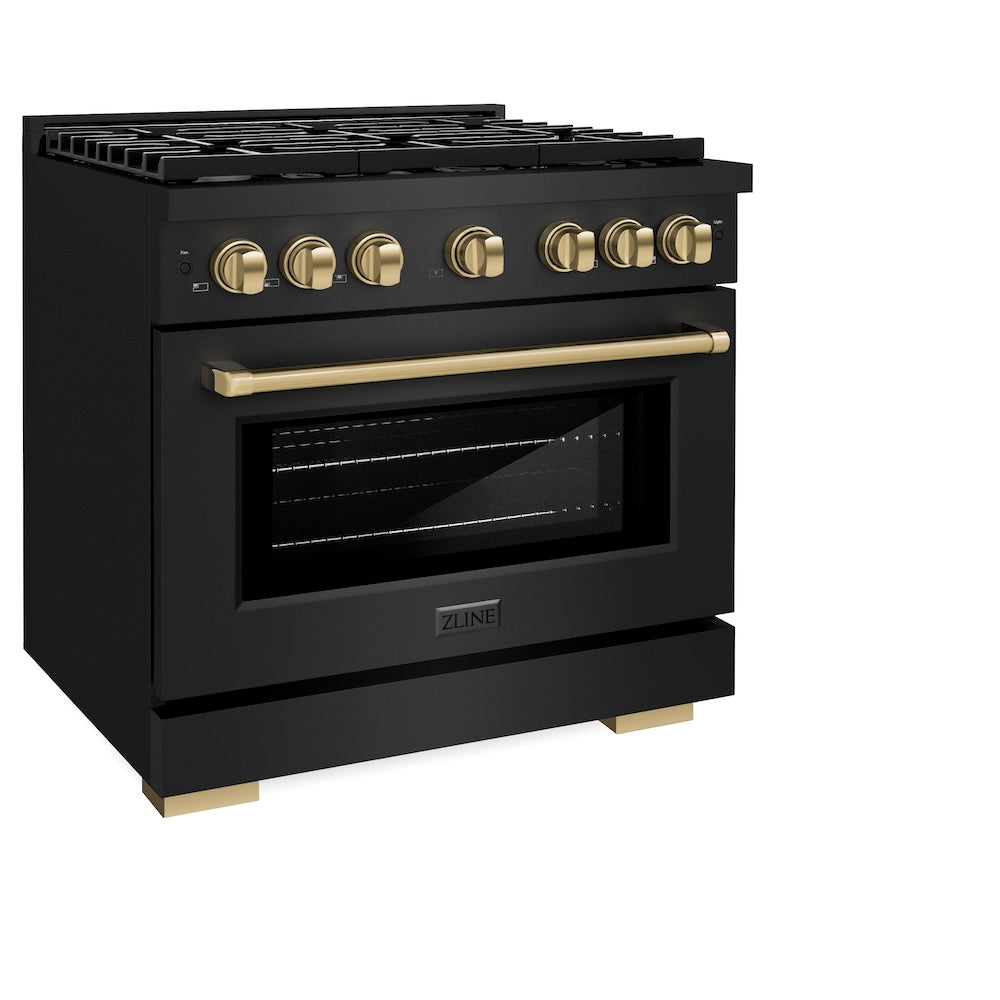 ZLINE Autograph Edition 36 in. 5.2 cu. ft. Paramount Dual Fuel Range with 6 Burner Gas Cooktop and Electric Convection Oven in Black Stainless Steel with Champagne Bronze Accents (SDRBZ-36-CB) side, oven closed.