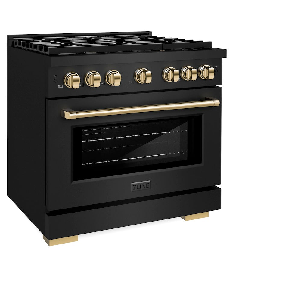 ZLINE Autograph Edition 36 in. 5.2 cu. ft. Paramount Dual Fuel Range with 6 Burner Gas Cooktop and Electric Convection Oven in Black Stainless Steel with Polished Gold Accents (SDRBZ-36-G) side, oven closed.