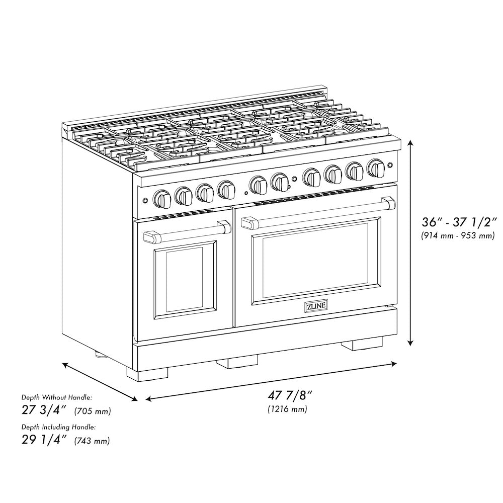 ZLINE Autograph Edition 48 in. 6.7 cu. ft. Paramount Double Oven Dual Fuel Range with 8 Burner Gas Cooktop in Black Stainless Steel and Champagne Bronze Accents (SDRBZ-48-CB) dimensional diagram.