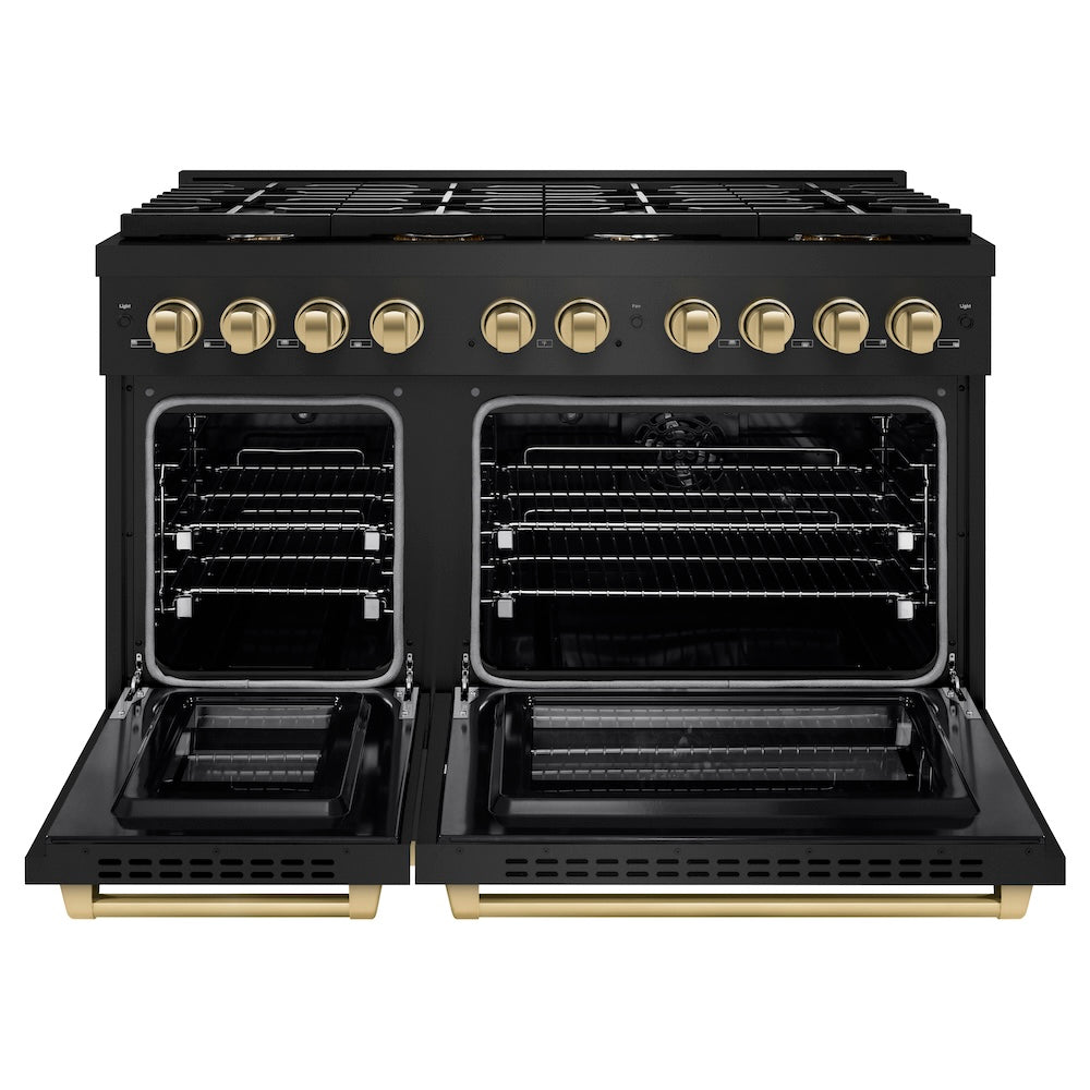 ZLINE Autograph Edition 48 in. 6.7 cu. ft. Paramount Double Oven Dual Fuel Range with 8 Burner Gas Cooktop in Black Stainless Steel and Champagne Bronze Accents (SDRBZ-48-CB) front, oven open.