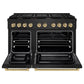 ZLINE Autograph Edition 48 in. 6.7 cu. ft. Paramount Double Oven Dual Fuel Range with 8 Burner Gas Cooktop in Black Stainless Steel and Champagne Bronze Accents (SDRBZ-48-CB) front, oven open.