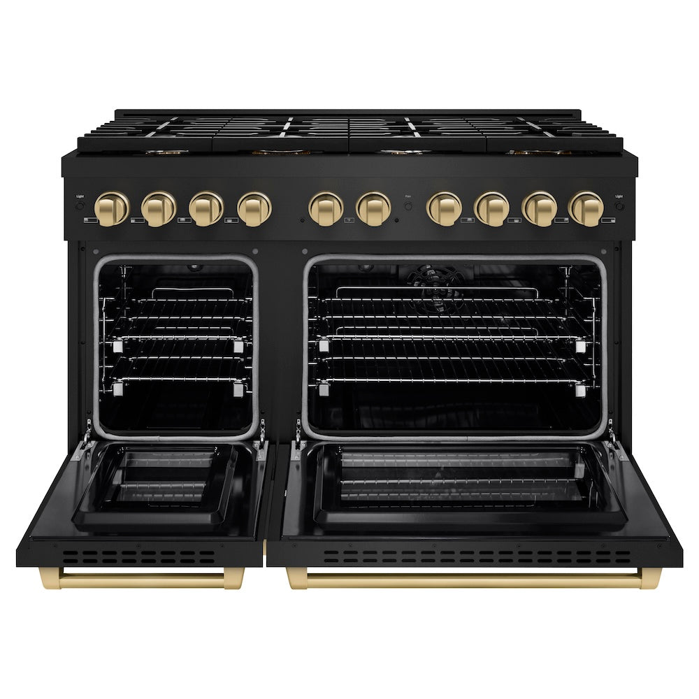 ZLINE Autograph Edition 48 in. 6.7 cu. ft. Paramount Double Oven Dual Fuel Range with 8 Burner Gas Cooktop in Black Stainless Steel and Champagne Bronze Accents, Open Box-Great Condition