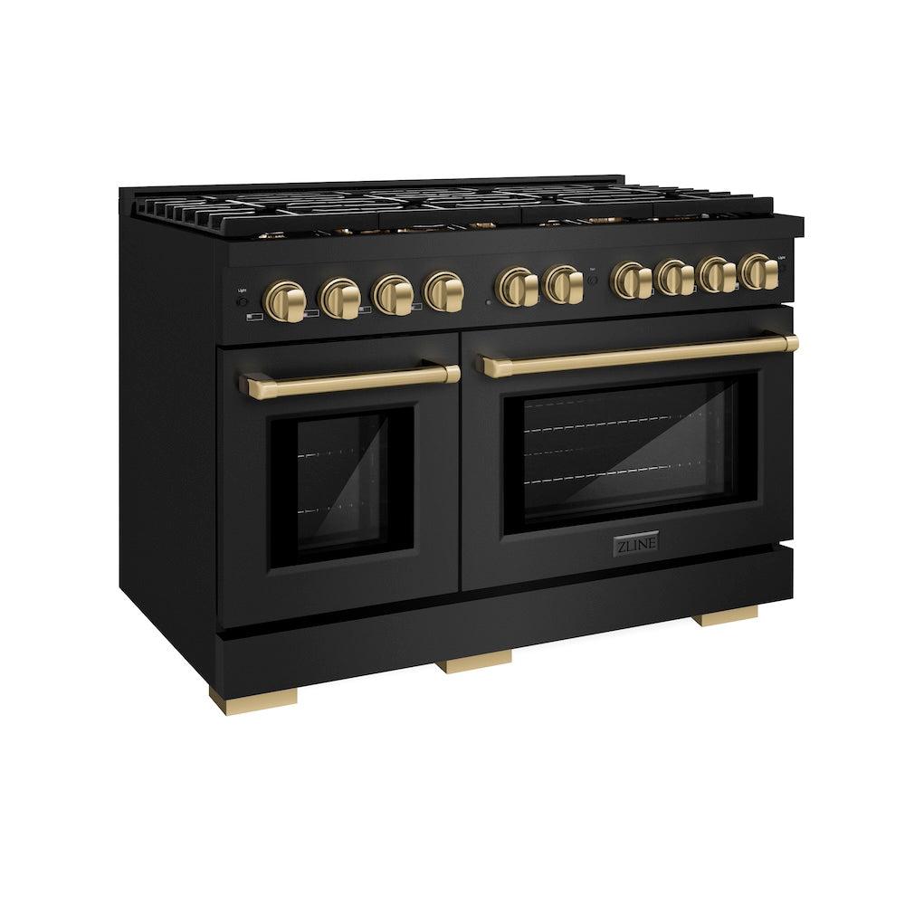 ZLINE Autograph Edition 48 in. 6.7 cu. ft. Paramount Double Oven Dual Fuel Range with 8 Burner Gas Cooktop in Black Stainless Steel and Champagne Bronze Accents, Open Box-Great Condition