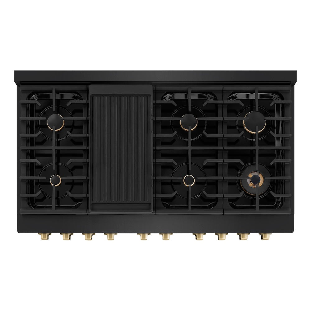 ZLINE Autograph Edition 48 in. 6.7 cu. ft. Paramount Double Oven Dual Fuel Range with 8 Burner Gas Cooktop in Black Stainless Steel and Champagne Bronze Accents, Open Box-Great Condition