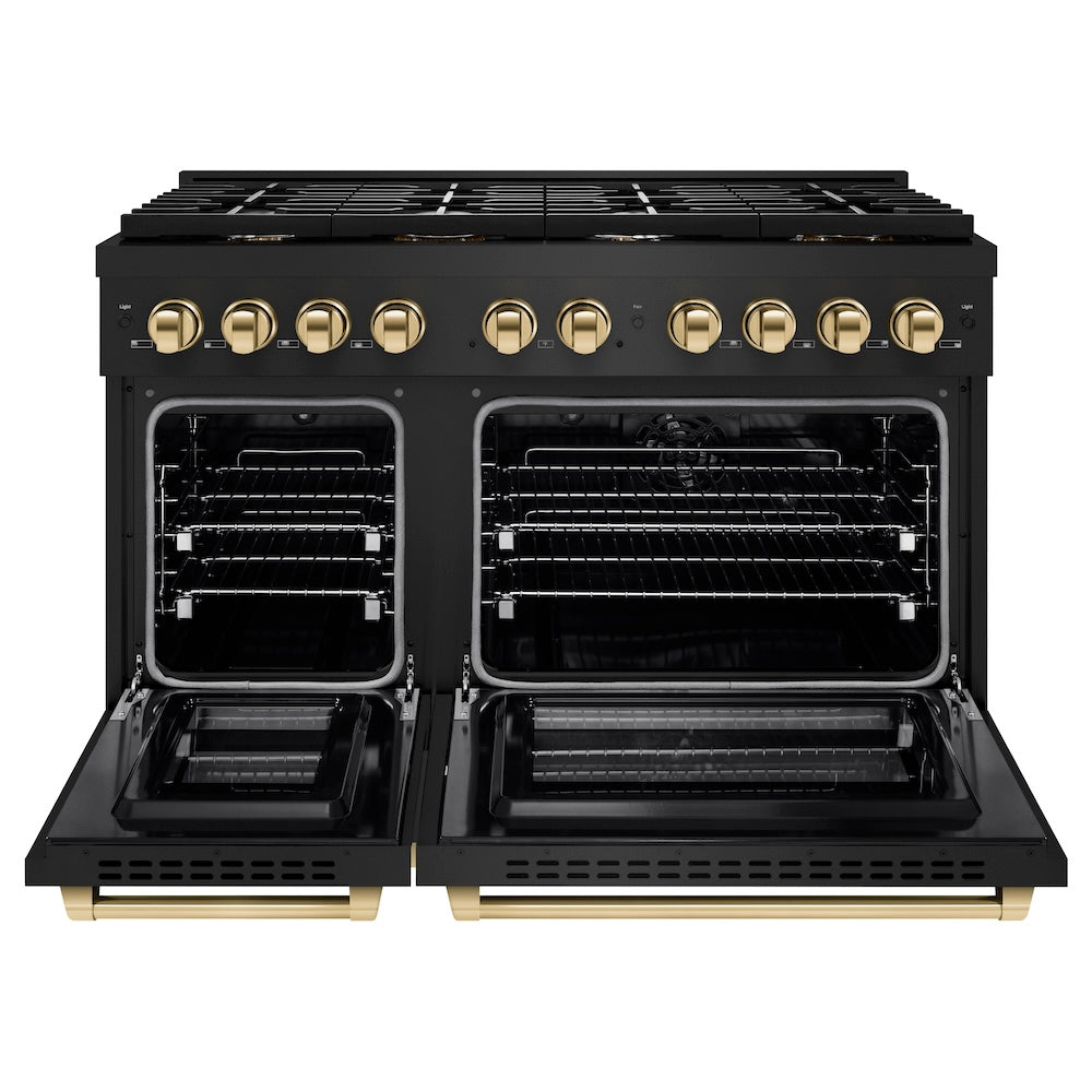 ZLINE Autograph Edition 48 in. 6.7 cu. ft. Paramount Double Oven Dual Fuel Range with 8 Burner Gas Cooktop in Black Stainless Steel and Polished Gold Accents (SDRBZ-48-G) front, oven open.