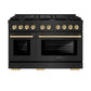 ZLINE Autograph Edition 48 in. 6.7 cu. ft. Paramount Double Oven Dual Fuel Range with 8 Burner Gas Cooktop in Black Stainless Steel and Polished Gold Accents (SDRBZ-48-G) front, oven closed.
