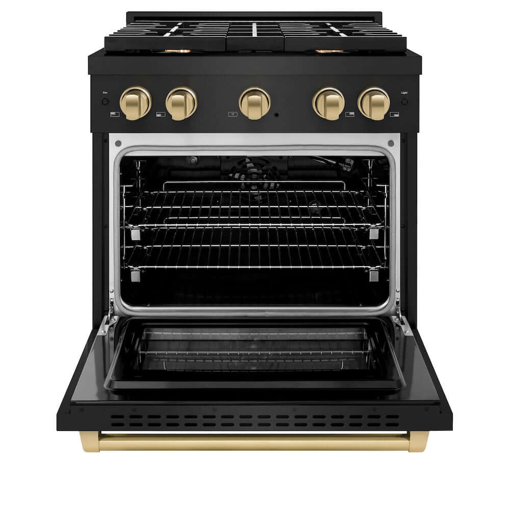 ZLINE Autograph Edition 30 in. Gas Range in Black Stainless Steel and Champagne Bronze Accents (SGRBZ-30-CB) front, oven door open.