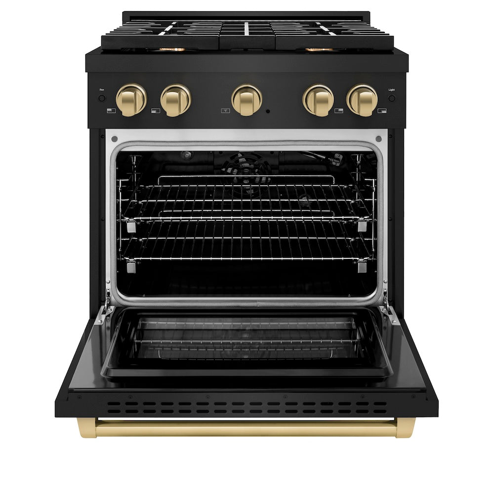 ZLINE Autograph Edition 30 in. 4.2 cu. ft. Paramount Gas Range with 4 Burner Cooktop and Convection Gas Oven in Black Stainless Steel and Champagne Bronze Accents (SGRBZ-30-CB) front, oven open.