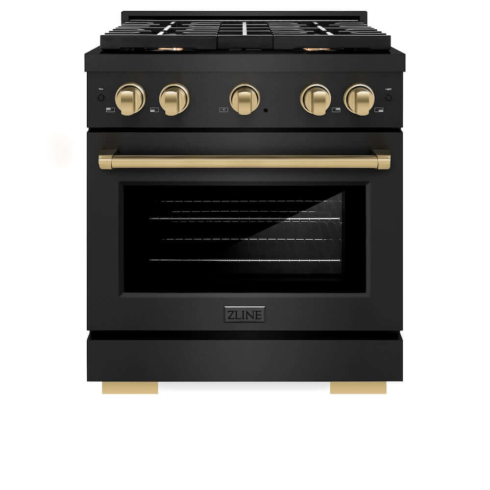 ZLINE Autograph Edition 30 in. Gas Range in Black Stainless Steel and Champagne Bronze Accents (SGRBZ-30-CB) front, oven door closed.