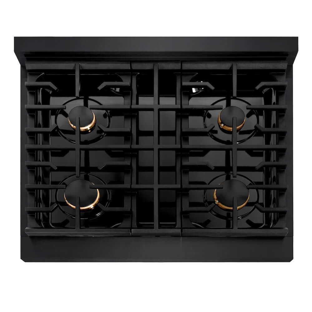 ZLINE Autograph Edition 30 in. Gas Range in Black Stainless Steel and Champagne Bronze Accents (SGRBZ-30-CB) from above showing 4-burner gas cooktop and cast-iron grates.